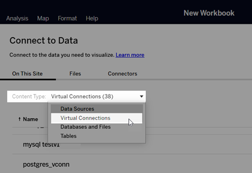 Seleccionar una conexión virtual al conectarse a los datos