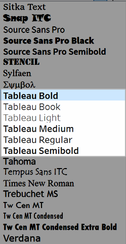 Un menú que muestra diferentes fuentes disponibles para elegir en el menú Fuente, con la familia de fuentes de Tableau resaltada.