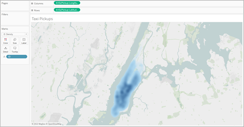 Mapa de densidad azul de las recogidas de taxis en Manhattan.