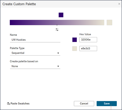 Boîte de dialogue « Créer une palette personnalisée pour une palette de couleurs séquentielles ».