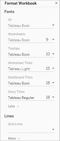 Le menu de mise en forme de la police situé au niveau du classeur dans Tableau Desktop