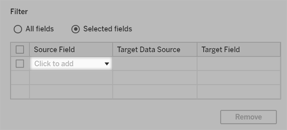 Une table avec des colonnes pour un champ source, une source de données cible et un champ cible. Une cellule vide dans la table est mise en surbrillance avec le texte « Cliquez pour ajouter ».