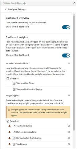 Volet Configuration de Tableau Agent dans Tableau Desktop.