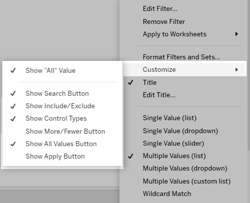 Modifiez le menu et les options du filtre sous Personnaliser