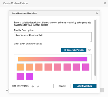 La boîte de dialogue Générer automatiquement des nuances dans le workflow Créer une palette personnalisée.