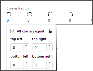 Le menu déroulant Rayon d’angle avec des options permettant de modifier les valeurs en haut à gauche, en haut à droite, en bas à gauche, en bas à droite, ou de garder tous les angles égaux.