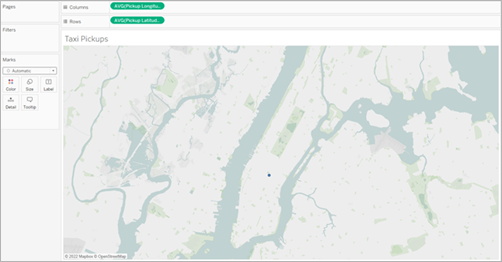 Un petit point de données bleu sur New York City. Zoom arrière sur la carte pour montrer plusieurs États de la côte Est.