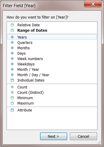 Une boîte de dialogue de champ de filtre avec une liste d’options pour filtrer les données par année.
