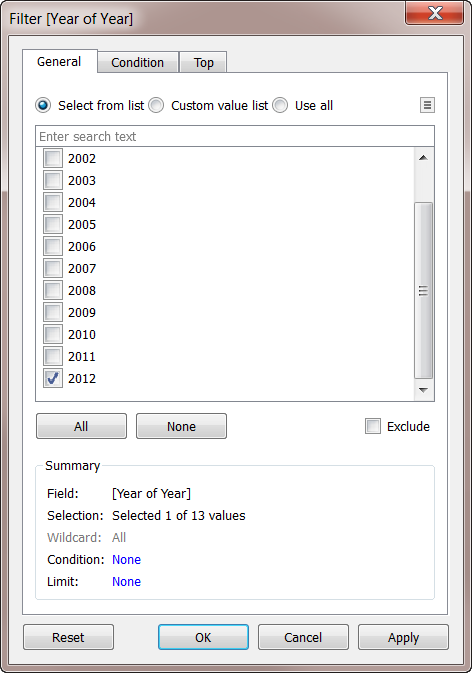 Une boîte de dialogue de filtre avec des cases à cocher pour sélectionner les années de 2002&nbsp;à&nbsp;2012.