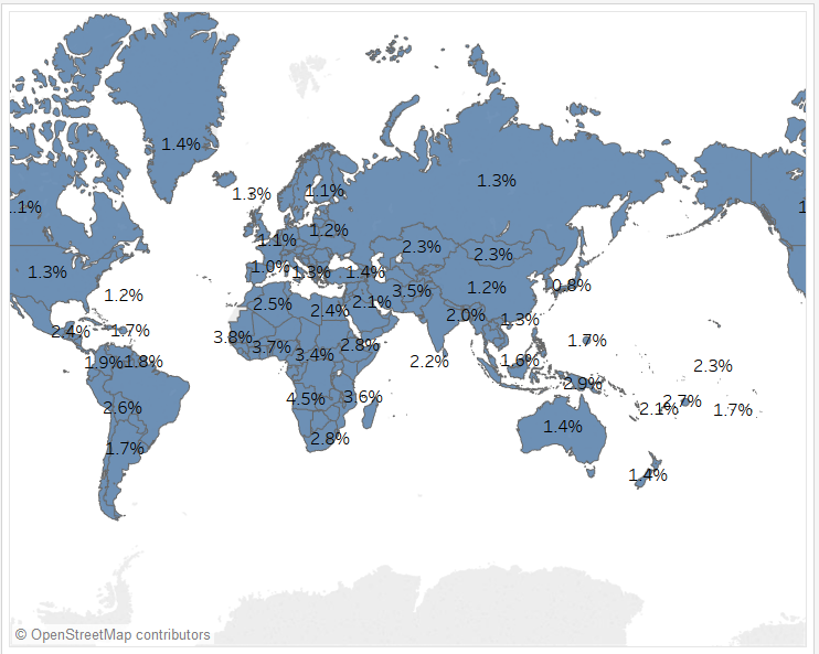 Une carte du monde avec des étiquettes de pourcentage.
