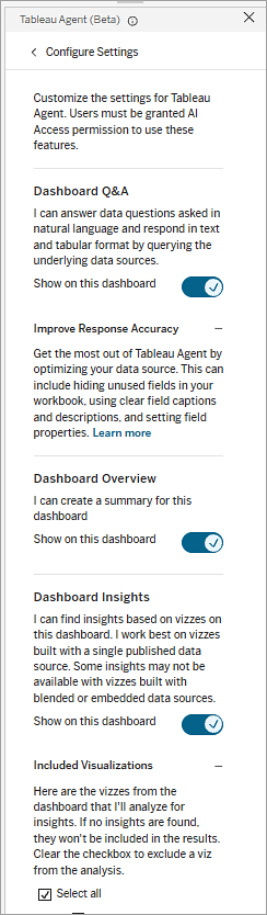 Volet Configurer les paramètres de Tableau Agent lorsqu’il est ouvert depuis un tableau de bord.