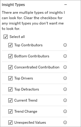 Volet de configuration des narrations du tableau de bord Tableau Agent affichant les types d’insight inclus.
