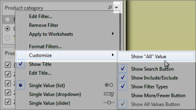 Un menu a discesa di un filtro con un sottomenu per personalizzare, visualizzato con l’opzione per mostrare tutti i valori.