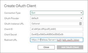 Casella per la creazione del client OAuth con i campi per tipo di connessione, provider, URL istanza, ID client, segreto client e URL di reindirizzamento