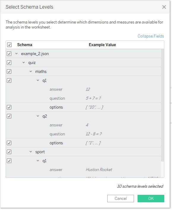 Finestra di dialogo Seleziona livelli schema con dieci livelli schema selezionati.