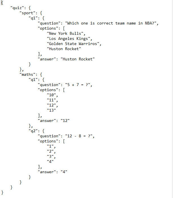 Frammento di codice JSON che mostra un quiz con domande su sport e matematica.