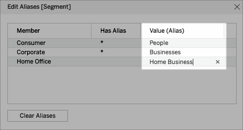 ビュー内でメンバー名を変更する別名を作成する Tableau