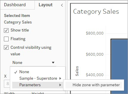 [Control visibility using value (値を使用して表示を制御)] ボックスがオンになっていて、[Hide zone with parameter (パラメーターでゾーンを非表示にする)] というパラメーターが選択されている