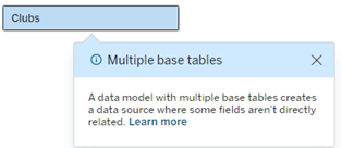 基本テーブルの 1 つに複数の基底テーブルに関する警告が表示されている 2 つの基底テーブルを持つデータ モデル
