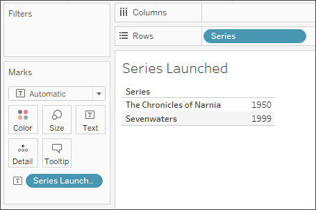 The Chronicles of Narnia에 날짜 1950이 표시되고 Sevenwaters에 1999가 표시된 비주얼리제이션