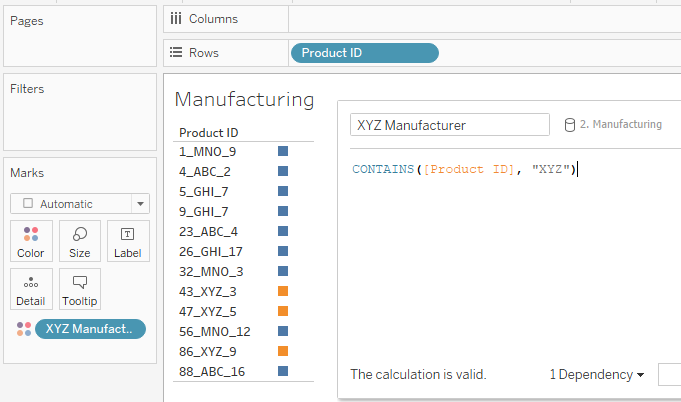 Product ID(제품 ID)가 행에 있고 계산된 필드 XYZ Manufacturing(XYZ 제조)이 색상에 있는 비주얼리제이션