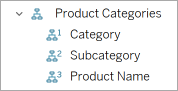 Category(범주), Subcategory(하위 범주) 및 Product Name(제품 이름)이 확장된 Product Category(제품 카테고리) 계층입니다.