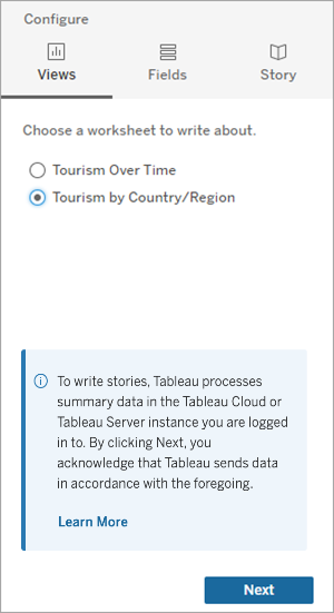 Tourism by Country/Region(국가/지역별 관광)과 Tourism Over Time(시간대별 관광)이라는 2개의 사용 가능한 시트를 보여주는 데이터 스토리 대화 상자.