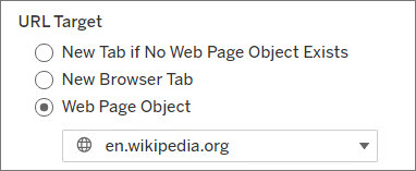 URL 대상을 나타내는 세 개의 라디오 버튼: 웹 페이지 개체가 없는 경우 새 탭, 새 브라우저 탭 및 웹 페이지 개체. 웹 페이지 개체 옵션 아래에 웹 페이지 개체를 선택할 수 있는 드롭다운 상자가 있음