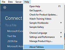 Help voor Tableau Desktop waarbij Info over Tableau is geselecteerd