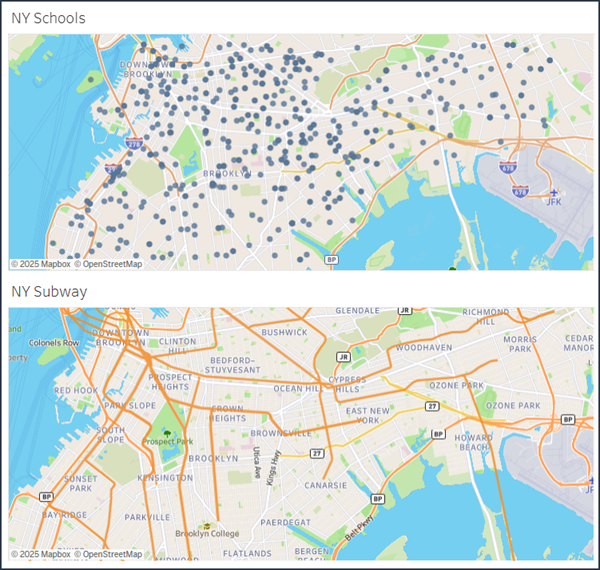 Twee kaarten op een dashboard. Op de ene kaart staan scholen in New York afgebeeld, op de andere de metro in New York. Beide items zijn ingezoomd op hetzelfde niveau en omdat het kaartweergavevenster de kaarten heeft gesynchroniseerd, wordt het andere item ook gepand en gezoomd wanneer u de parameter voor het kaartweergavevenster op één van beide items gebruikt.
