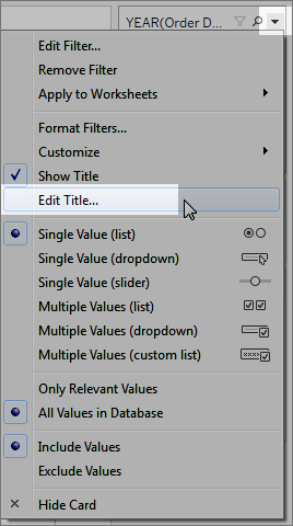 Het vervolgkeuzemenu voor een filter met de optie om de titel van het filter te bewerken.