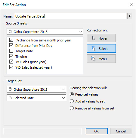 Setactie die werkt op de set Geselecteerde datum op basis van de geselecteerde markering.