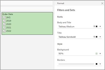 Opmaakopties voor filters en sets.