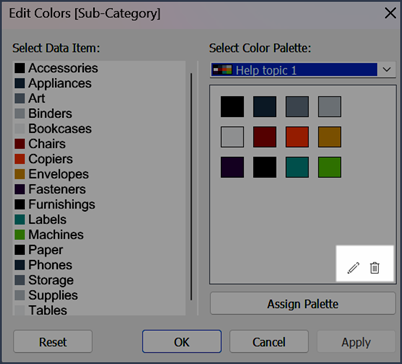 Caixa de diálogo Editar cores ampliada para mostrar as funções de edição e exclusão de uma paleta de cores categorizada.