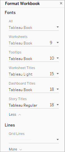 O menu de formatação de fonte encontrado no nível da pasta de trabalho no Tableau Desktop