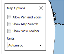 Janela Opções do mapa com opções para configurar unidades do mapa, permitir panorâmica e zoom, mostrar a pesquisa do mapa e mostrar a barra de ferramentas de visualização.