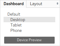 Opção do Tableau Dashboard para visualização do dispositivo com a área de trabalho destacada.