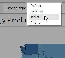 Opção do Tableau Dashboard para visualização do dispositivo com o Tablet destacado.