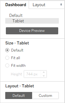 Um painel com configurações para layout e tamanho do tablet.