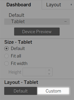 Painel com a opção Layout personalizado para tablet selecionada.