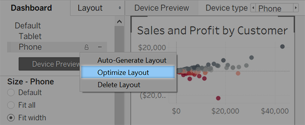 Painel com o ícone de desbloqueio selecionado para Telefone e a opção Otimizar Layout selecionada no menu suspenso.