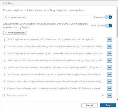 Caixa de diálogo Editar história que permite aos usuários escolher quais frases aparecem em uma história