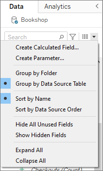 Abra o menu do painel de dados mostrando as opções de agrupar e classificar por