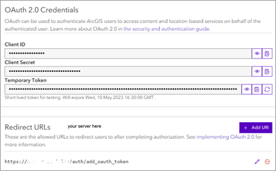 Caixa de credenciais do OAuth 2.0 com campos de ID do cliente, segredo do cliente, token temporário e URLs de redirecionamento