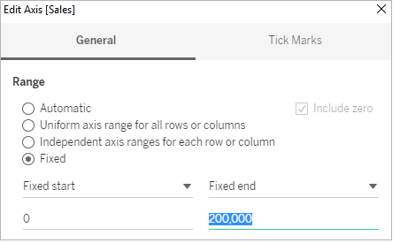 Um gráfico que descreve a caixa de diálogo Formatar campo para uma medida. A guia Intervalo do eixo é selecionada para que você possa definir um intervalo fixo (personalizado) do eixo.