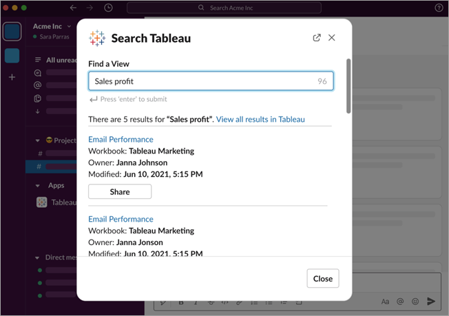 O popover Pesquisar no aplicativo Tableau para Slack mostrando os resultados de duas pastas de trabalho do Tableau.
