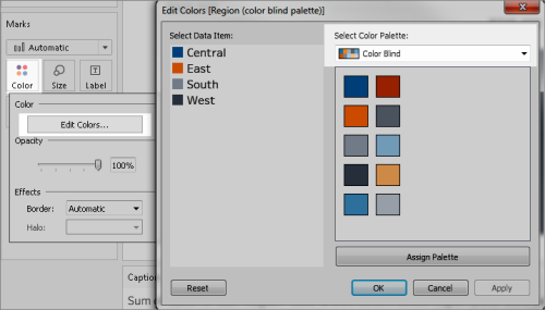 Paletten Färgblind som visas i menyn Redigera färger på kortet Markeringar.