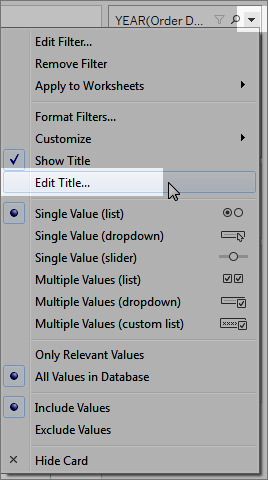 Listrutemenyn för ett filter som visar möjligheten att redigera ett filters titel.