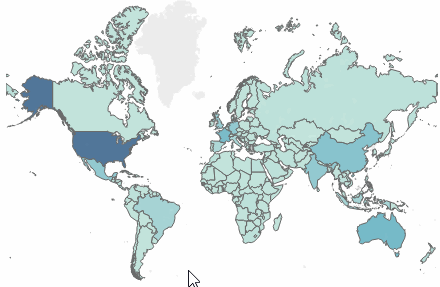 Exempel som visar ett urval av en delmängd markeringar på världskartan. Färgvärdesintervallet ändras beroende på urvalet.