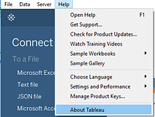 เมนูความช่วยเหลือเกี่ยวกับ Tableau Desktop ที่เลือก “เกี่ยวกับ Tableau” ไว้